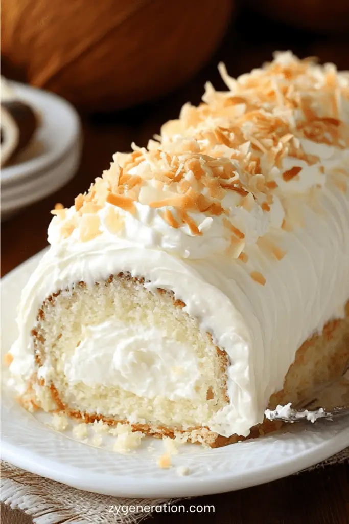 Gâteau roulé à la noix de coco garni de crème pâtissière, saupoudré de coco râpée.