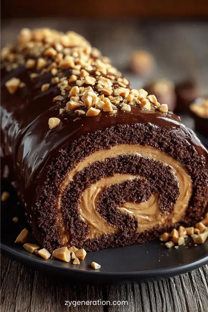 Roulé chocolat garni de crème au beurre de cacahuète, nappé de chocolat fondant et décoré de cacahuètes concassées sur une assiette.