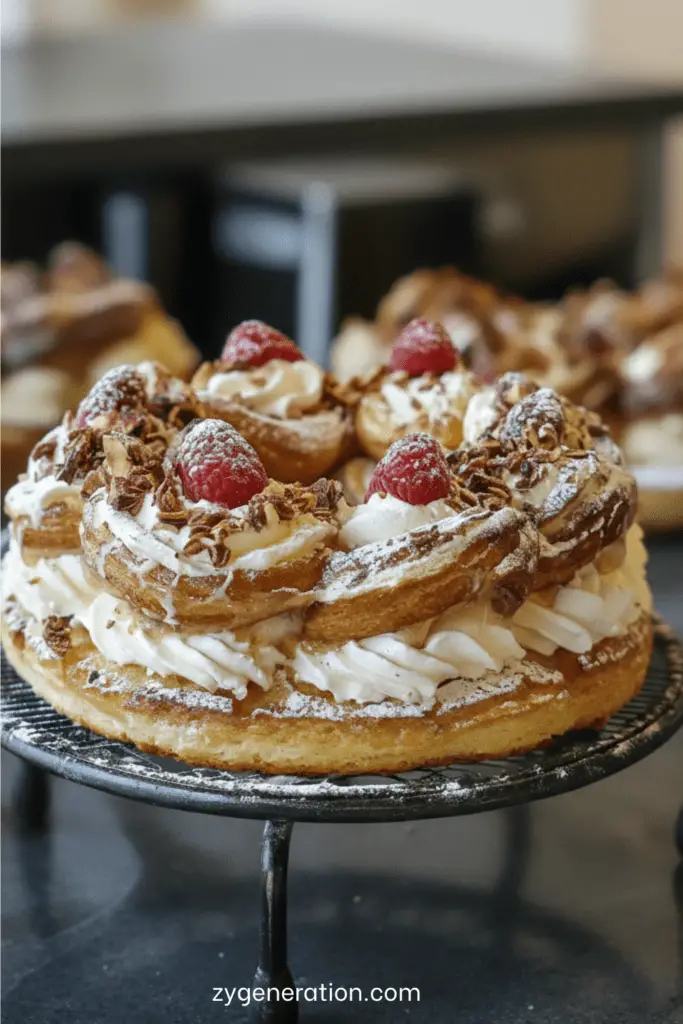 Paris-Brest traditionnel garni de crème mousseline pralinée et saupoudré de sucre glace.