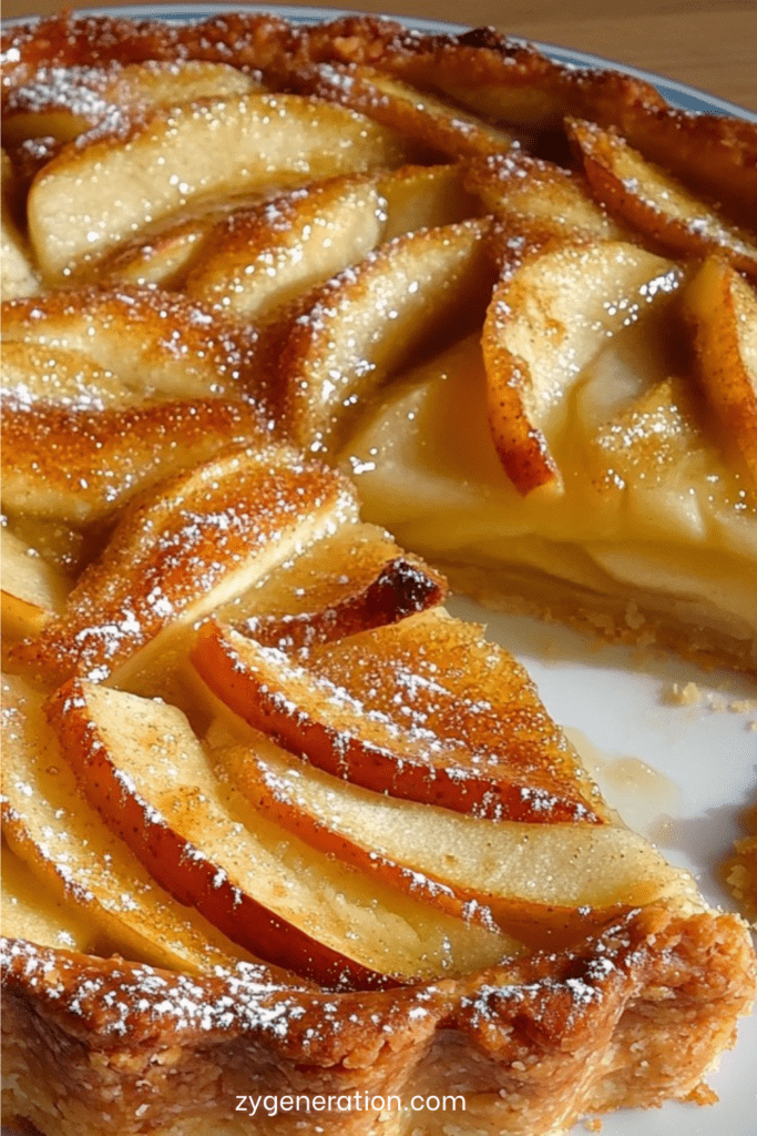 Tarte alsacienne aux pommes avec flan crémeux, pommes en rosace et nappage abricot brillant.