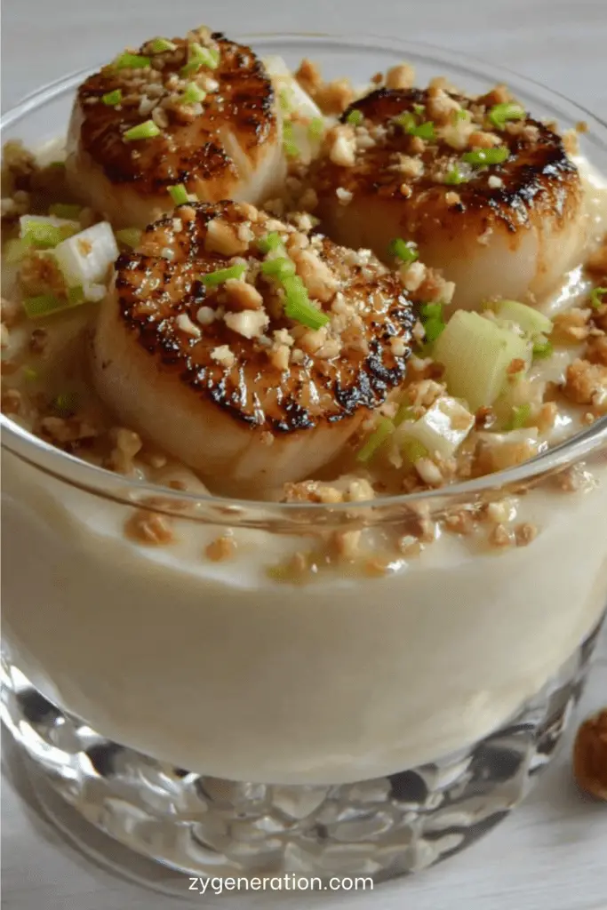 Verrines raffinées avec crème de panais, Saint-Jacques poêlées, noisettes concassées et oignon nouveau.