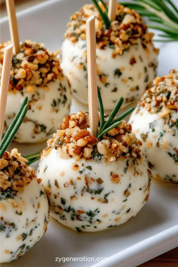 Boules de fromage frais roulées dans les noix concassées avec herbes fraîches et pics en bois.