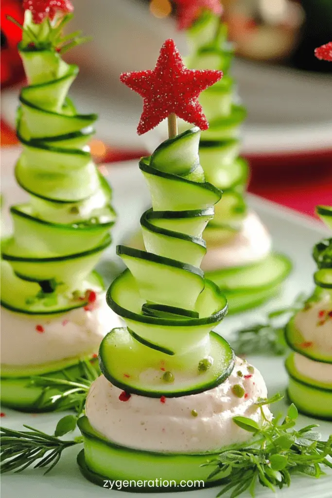 Petits sapins de concombre roulés en spirale sur base de fromage frais aux herbes, décorés d’étoiles rouges.
