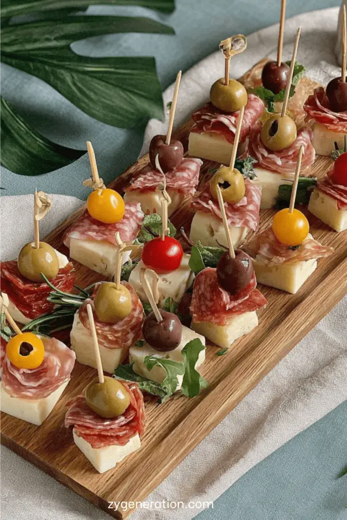Mini brochettes apéritives avec cubes de fromage, salami plié, olives et tomates cerises présentées sur un plateau.