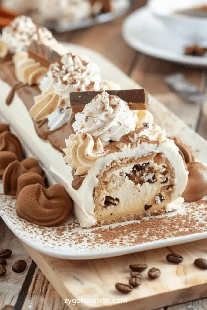 Bûche de Noël au café décorée de cacao, grains de café et sucre glace, roulée et garnie de crème au café.