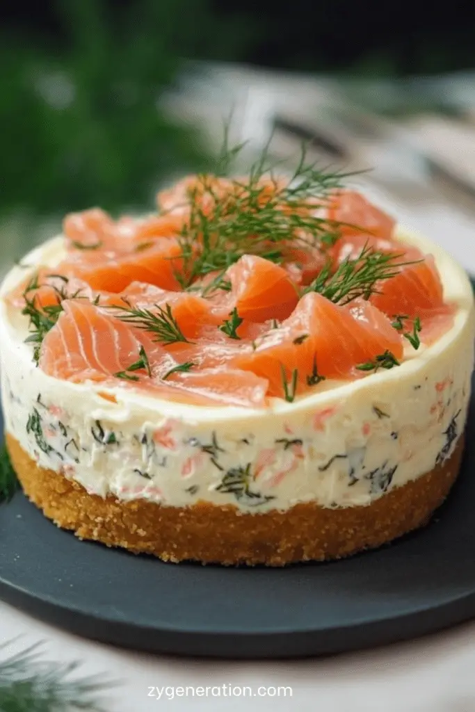 Cheesecake au saumon fumé en portion individuelle, sur base de biscuits salés, décoré de saumon et ciboulette.