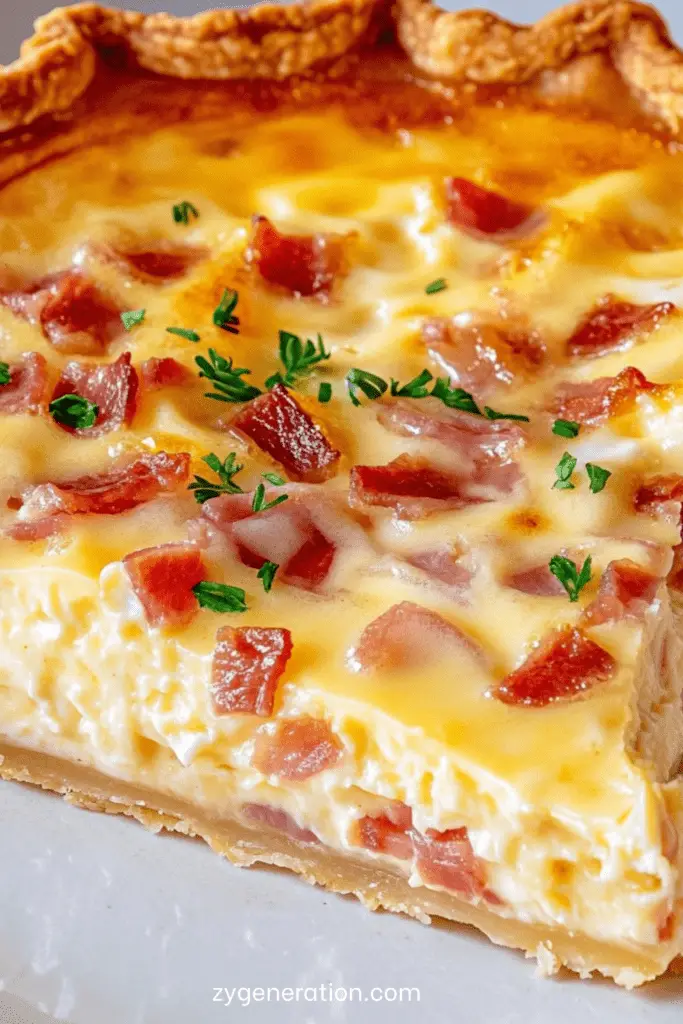 Quiche lorraine dorée avec lardons, appareil crémeux et pâte croustillante, servie tiède avec persil.