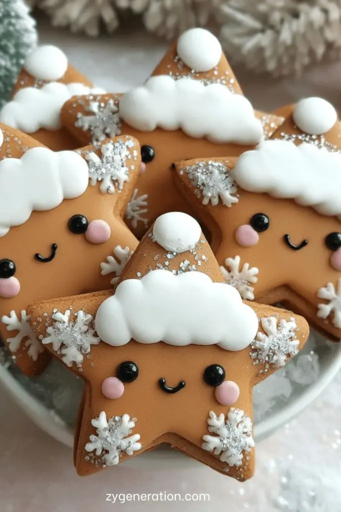 Biscuits étoiles au pain d’épices décorés de bonnets blancs, flocons et petits visages souriants.