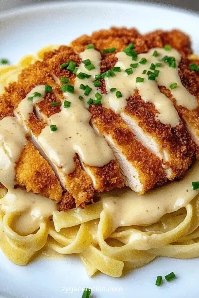 Assiette de fettuccines Alfredo crémeuses garnies de tranches de poulet croustillant doré.