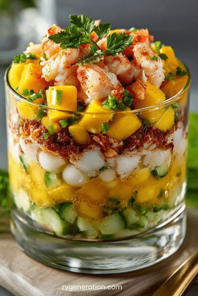 Verrines apéritives en couches avec crevettes, mangue, concombre, haricots blancs, yaourt et tomates séchées.