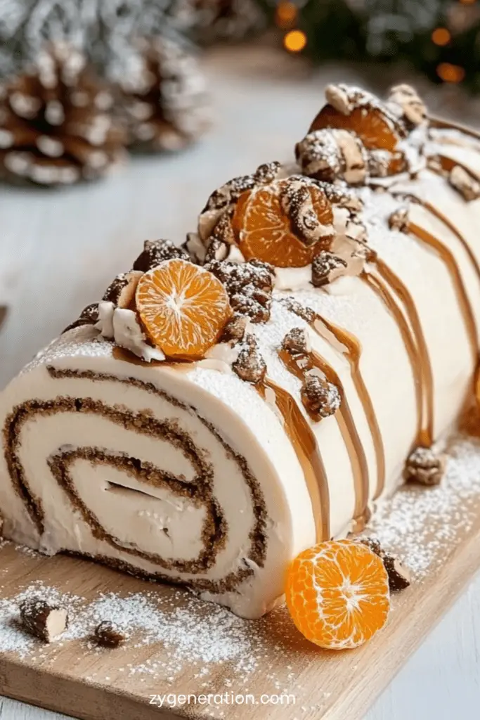 Bûche roulée décorée de clémentines fraîches et noix de pécan torréfiées.