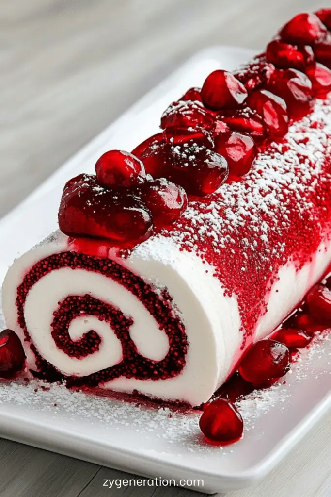 Bûche roulée framboise et mascarpone avec glaçage rose brillant.