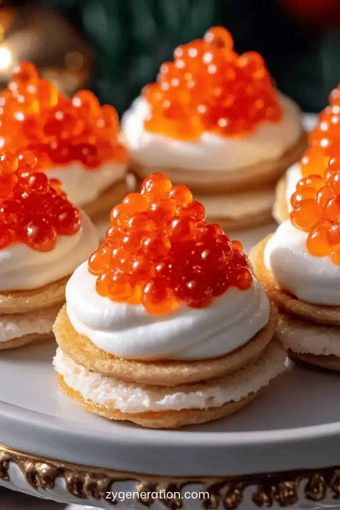 Mini blinis garnis de crème citronnée et œufs de saumon présentés sur un plateau.