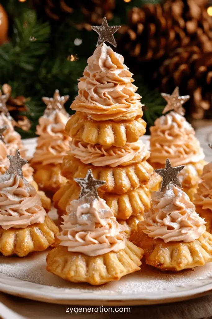 Sapins individuels montés en étages avec chantilly vanillée et étoile de sucre.