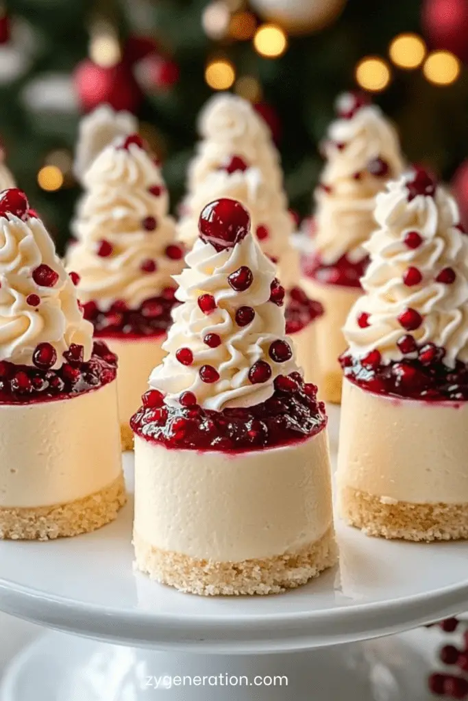 Mini cheesecakes de Noël aux fruits rouges présentés en dessert individuel.