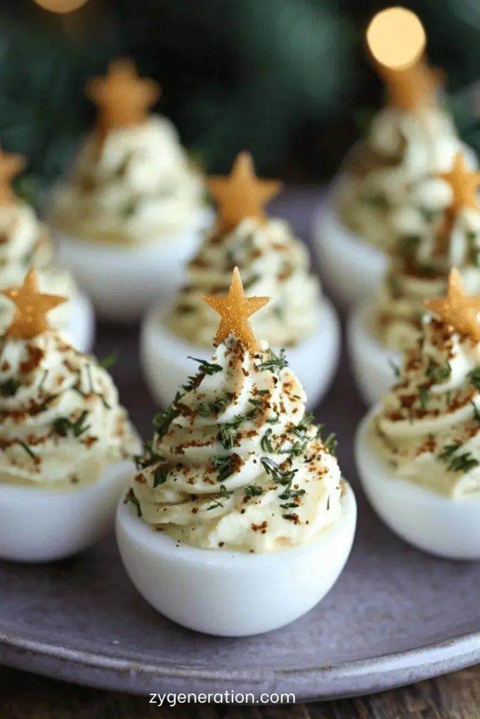 Œufs mimosa dressés en forme de sapin de Noël sur un plat festif.