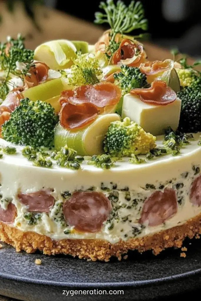 Cheesecake salé au brocoli, fromage et jambon cru présenté en parts.