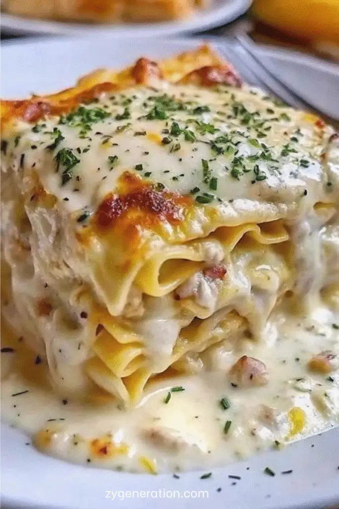 Lasagnes crémeuses au poulet nappées de sauce blanche, gratinées et servies en parts épaisses.