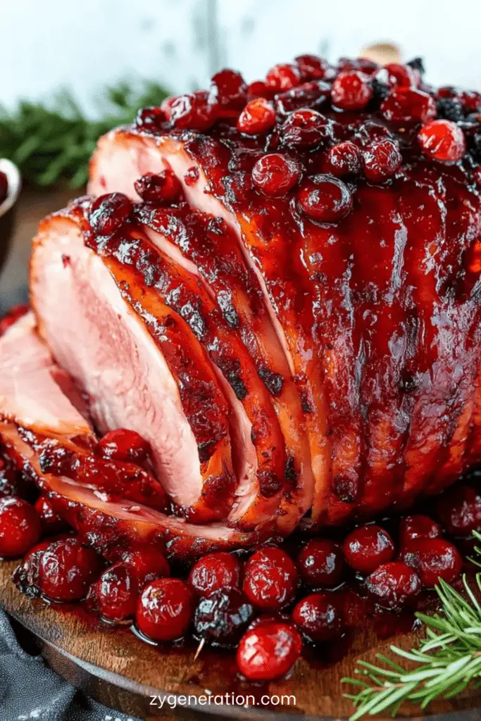 Jambon rôti glacé aux cranberries et miel pour Noël.