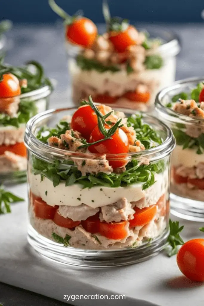 Verrines au thon, fromage frais et tomates cerises fraîches.