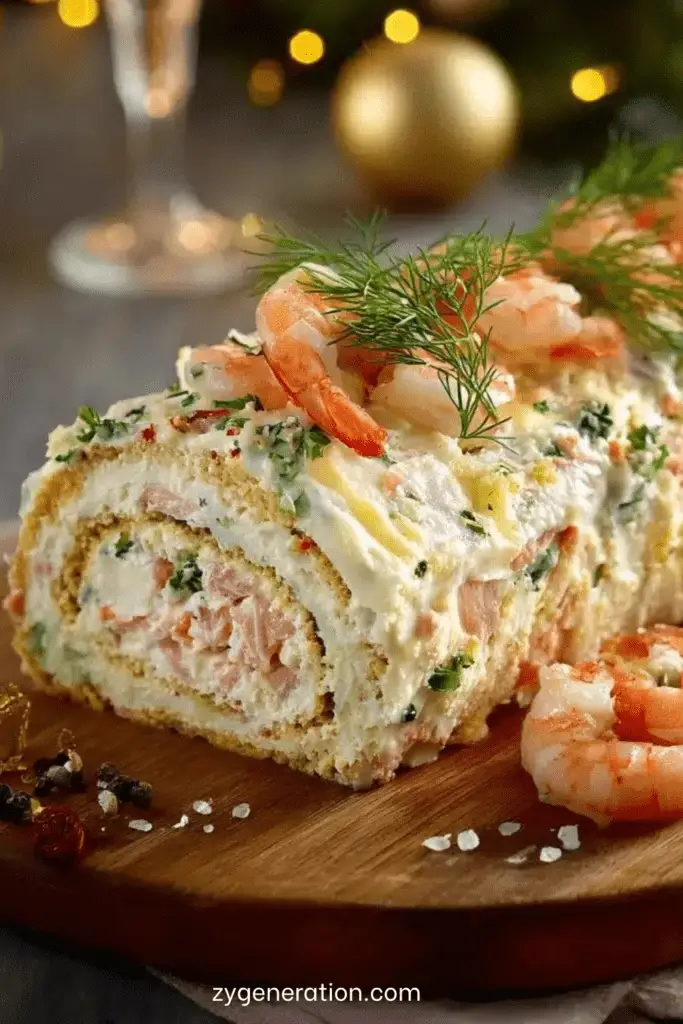 Bûche salée aux fruits de mer et saumon fumé.