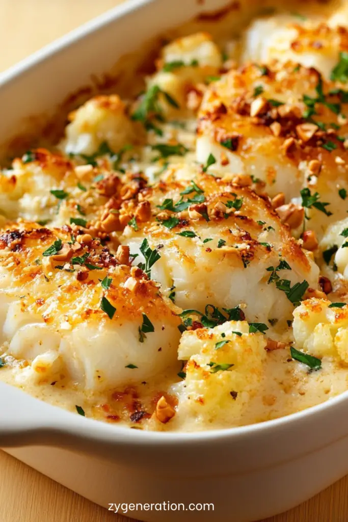 Gratin de cabillaud au chou-fleur et crème onctueuse.