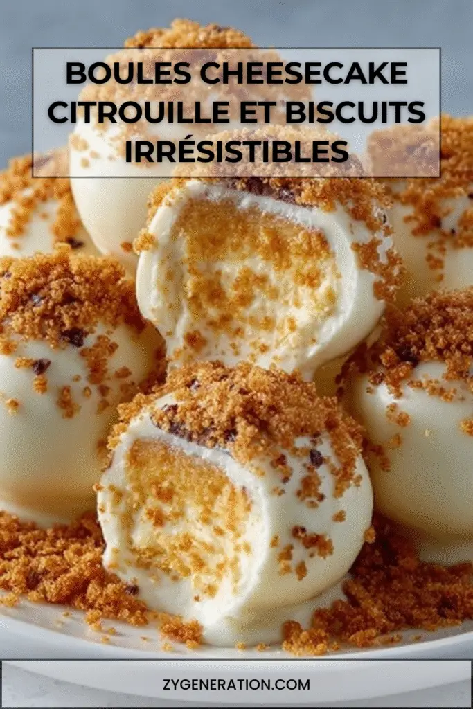 Boules cheesecake à la citrouille enrobées de chocolat blanc, décorées de miettes de biscuits et disposées sur une plaque.