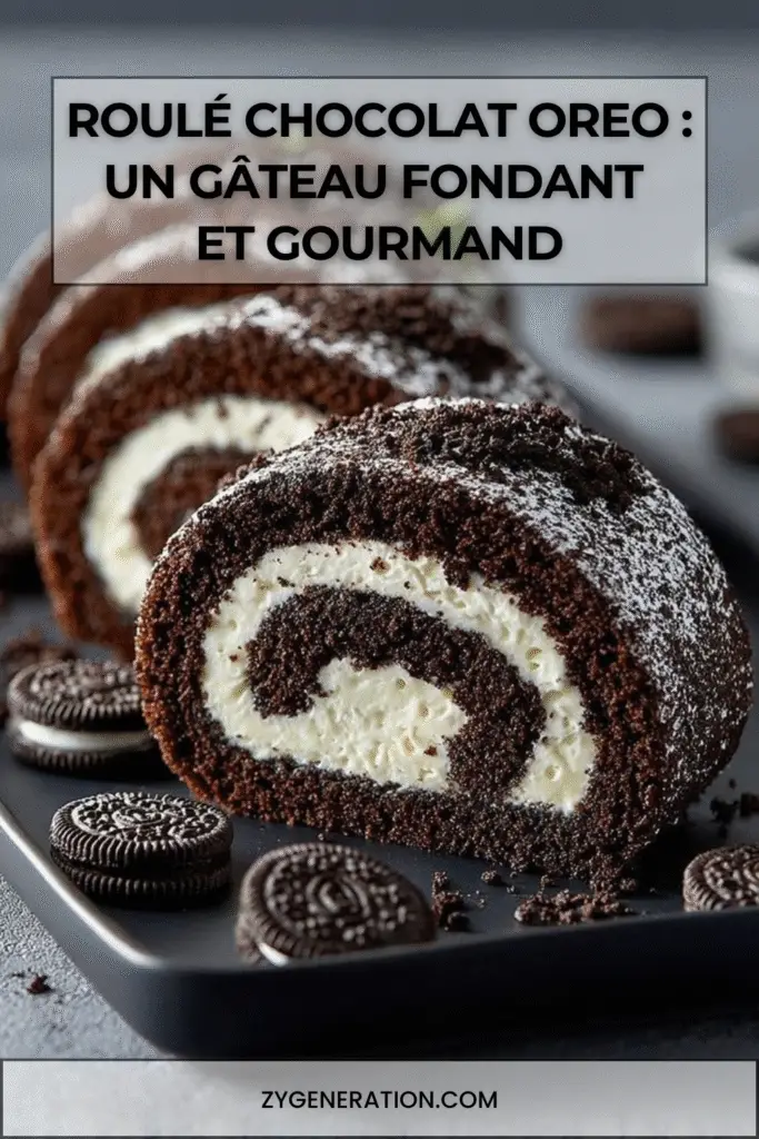 Gâteau roulé chocolat garni de crème d’Oreo, décoré de chocolat blanc fondu et de biscuits Oreo entiers.