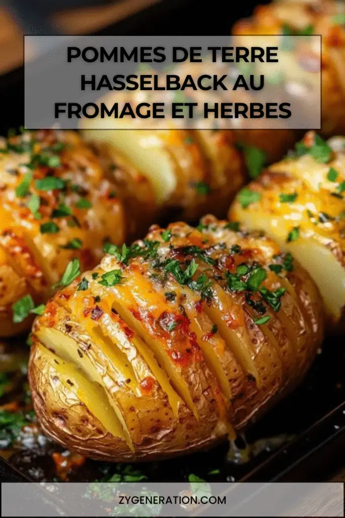 Pommes de terre Hasselback croustillantes garnies de fromage fondu et d’herbes fraîches.