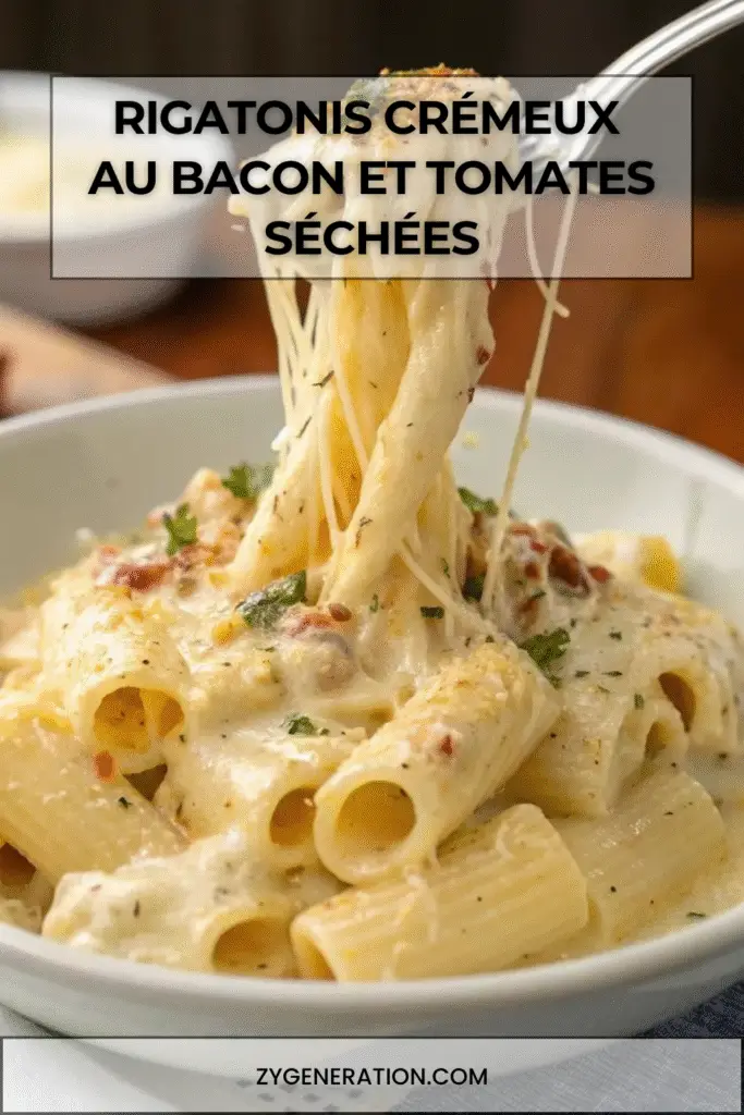 Assiette de rigatonis crémeux au bacon et tomates séchées avec basilic frais.