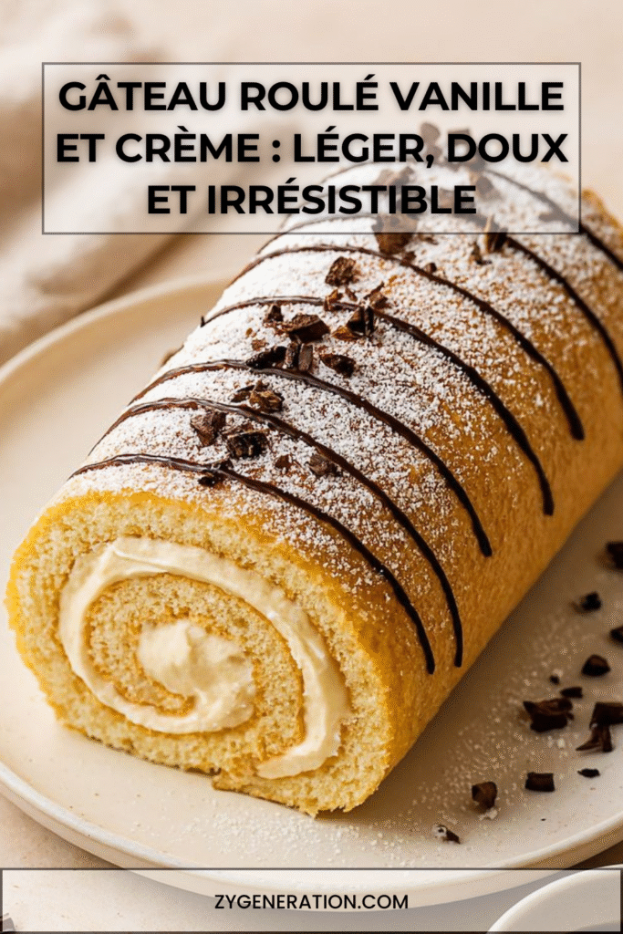 Gâteau roulé à la vanille garni de crème fouettée, saupoudré de sucre glace et décoré de copeaux de chocolat.