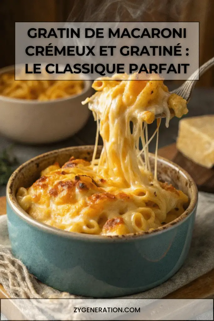 Gratin de macaroni crémeux recouvert de fromage gratiné, doré et croustillant sur le dessus, dans un grand plat.