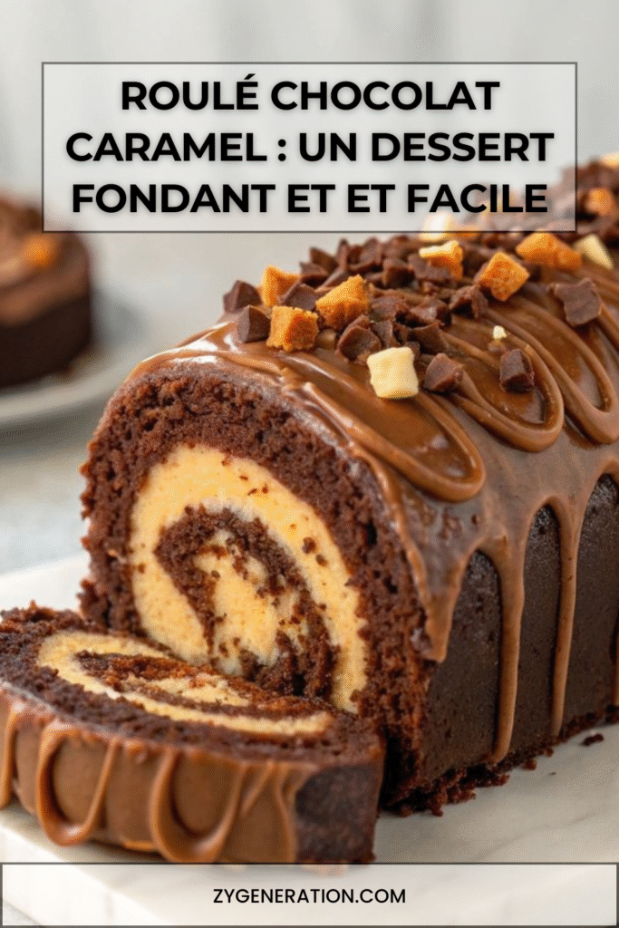 Gâteau roulé au chocolat garni de crème au caramel, nappé de caramel et décoré d’éclats croustillants et de pépites de chocolat.