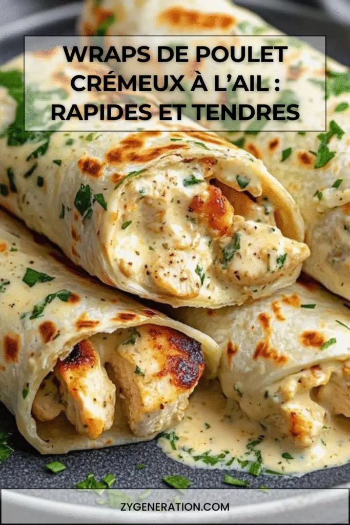 Wraps de poulet tendre en sauce crémeuse à l’ail, enroulés dans des tortillas moelleuses et coupés en deux.