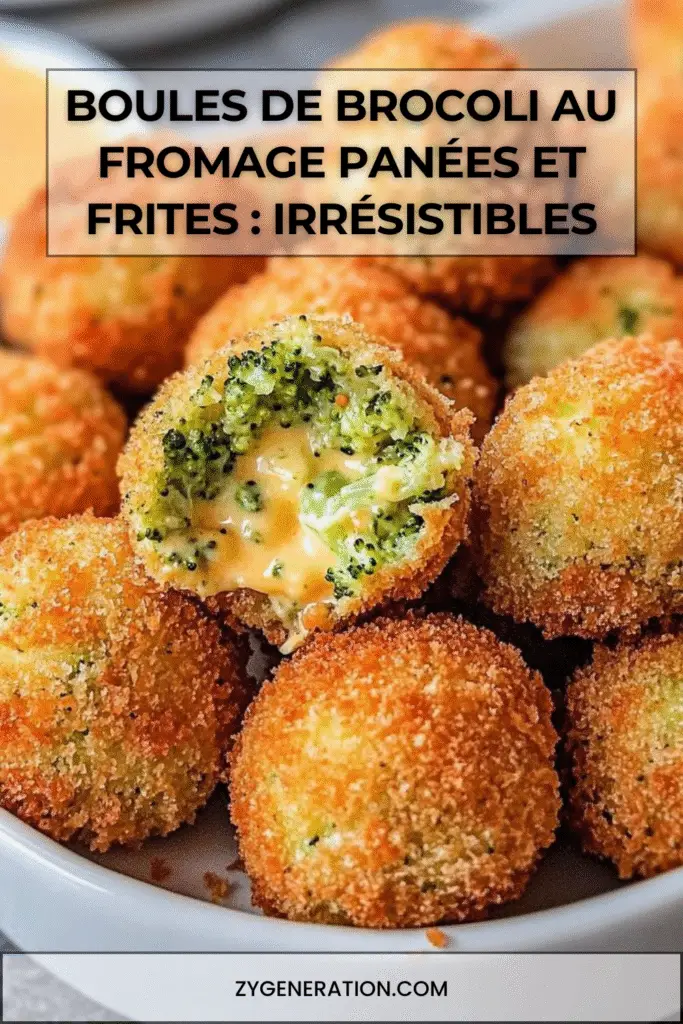 Boules de brocoli au fromage croustillantes, dorées et frites, servies sur une assiette avec une sauce dip.