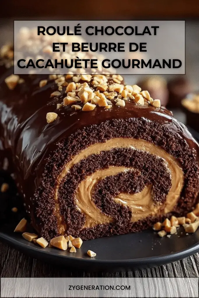 Roulé chocolat garni de crème au beurre de cacahuète, nappé de chocolat fondant et décoré de cacahuètes concassées sur une assiette.