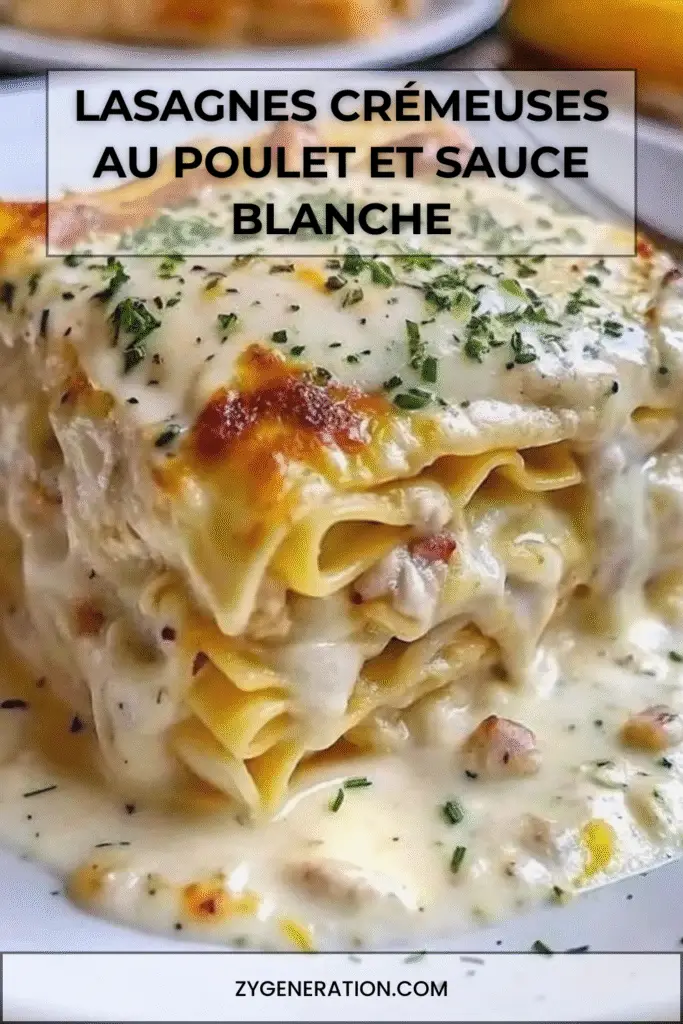 Lasagnes crémeuses au poulet nappées de sauce blanche, gratinées et servies en parts épaisses.