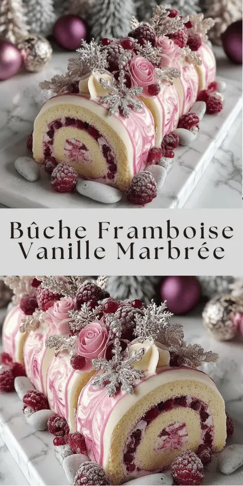 Bûche roulée framboise et vanille avec glaçage marbré rose, décorée de framboises et éléments festifs.