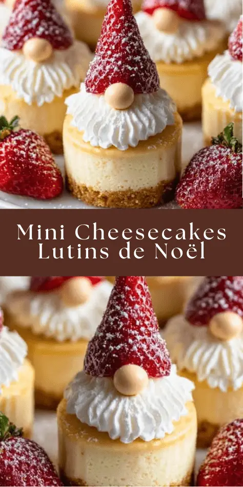 Mini cheesecakes décorés en lutins de Noël avec fraises, chantilly et sucre glace.