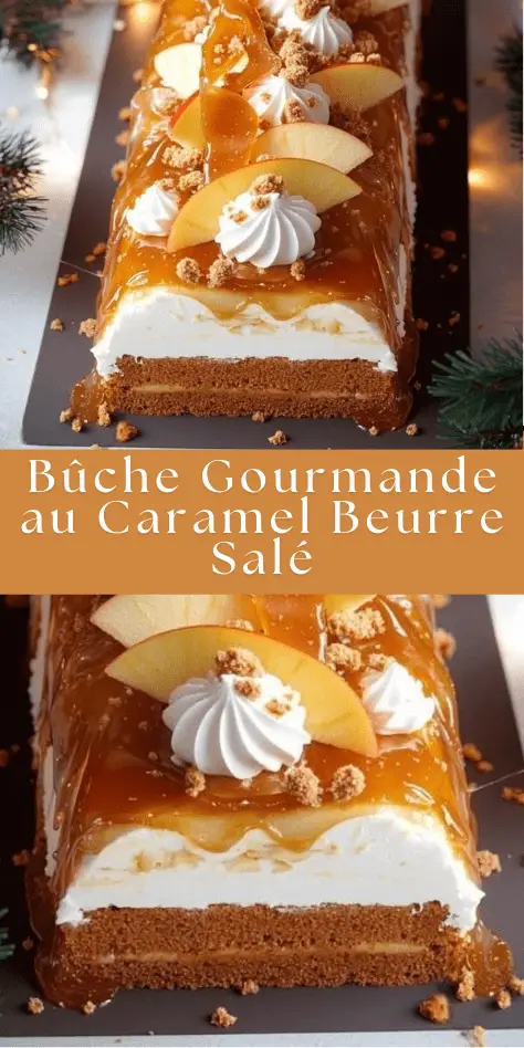 Bûche roulée garnie de caramel beurre salé, pommes caramélisées et crumble de spéculoos.