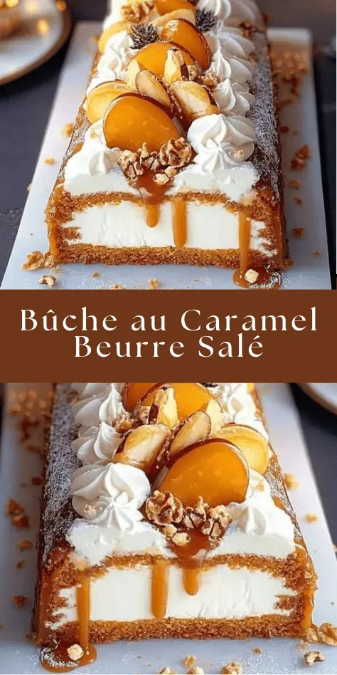 Bûche roulée garnie de crème mascarpone, fruits et caramel beurre salé coulant.