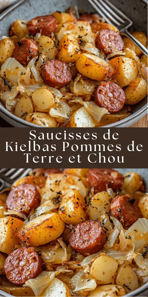 Poêlée de kielbasa dorée avec pommes de terre et chou sautés, servie dans une cocotte rustique.
