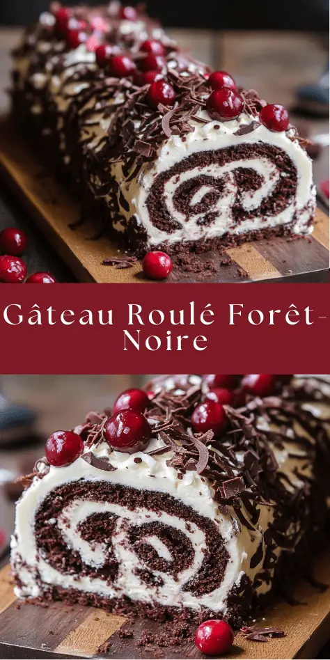 Gâteau roulé Forêt-Noire garni de chantilly et cerises, décoré de copeaux de chocolat.