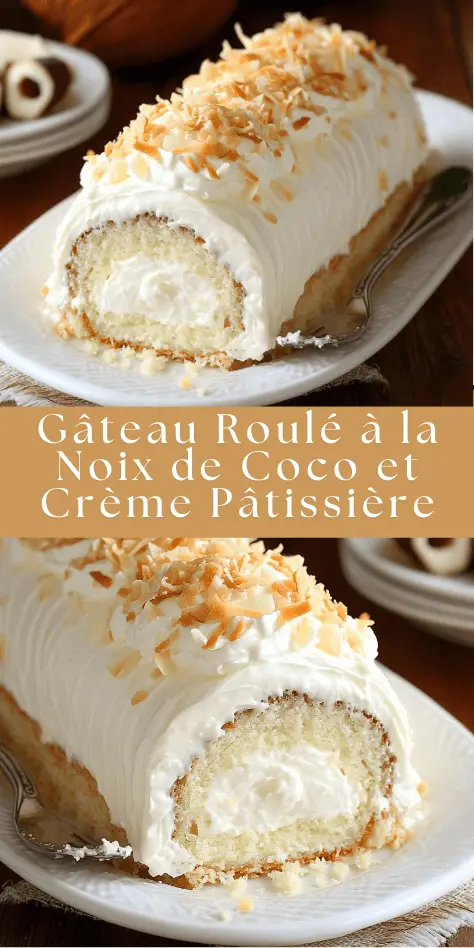 Gâteau roulé à la noix de coco garni de crème pâtissière, saupoudré de coco râpée.