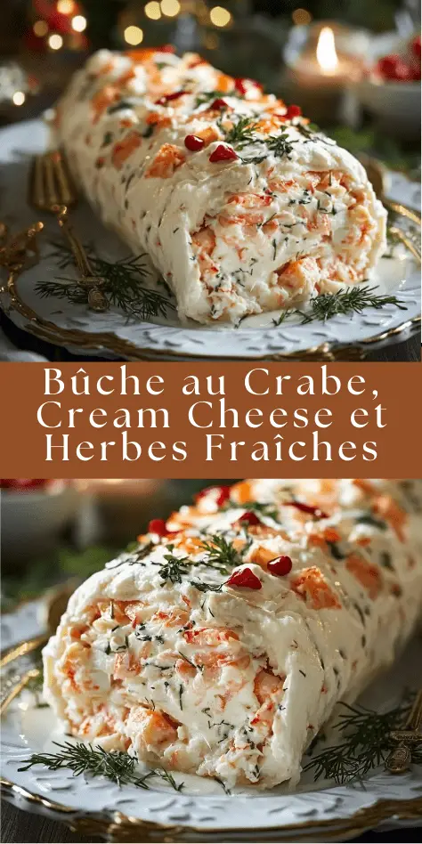 Bûche au crabe roulée au cream cheese, décorée d’herbes fraîches et de tranches de citron.