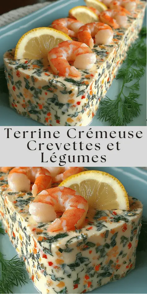 Terrine froide crémeuse aux crevettes et légumes colorés, démoulée et décorée d’aneth et de citron.