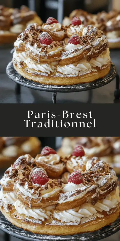 Paris-Brest traditionnel garni de crème mousseline pralinée et saupoudré de sucre glace.