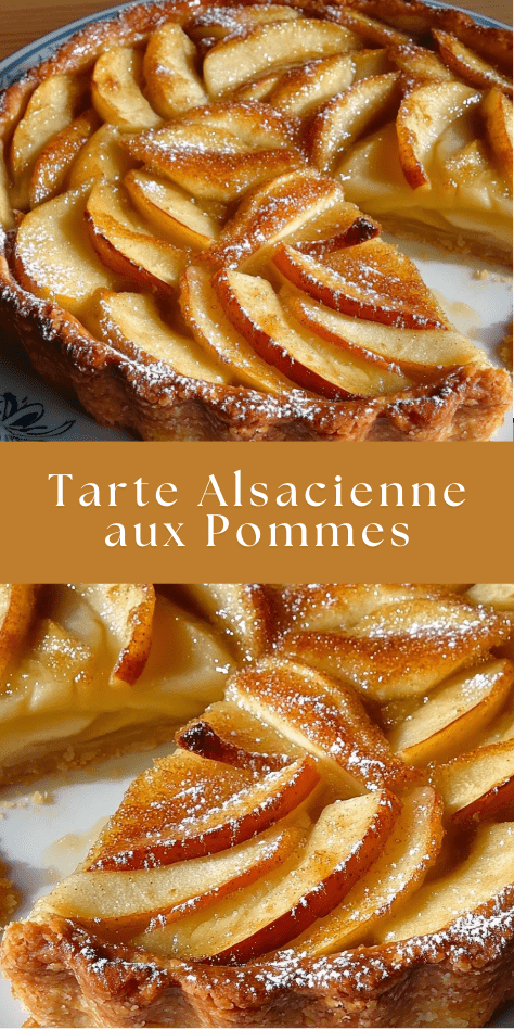 Tarte alsacienne aux pommes avec flan crémeux, pommes en rosace et nappage abricot brillant.
