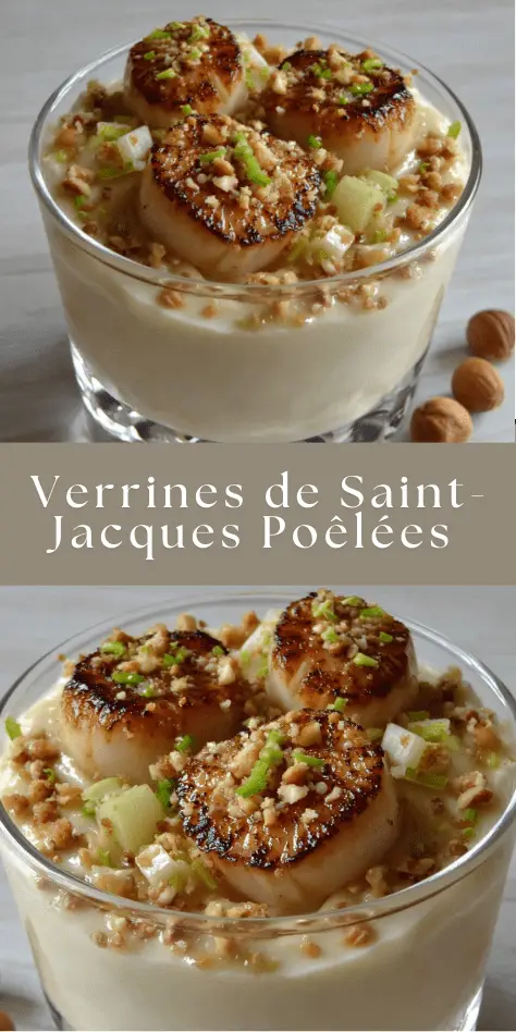 Verrines raffinées avec crème de panais, Saint-Jacques poêlées, noisettes concassées et oignon nouveau.