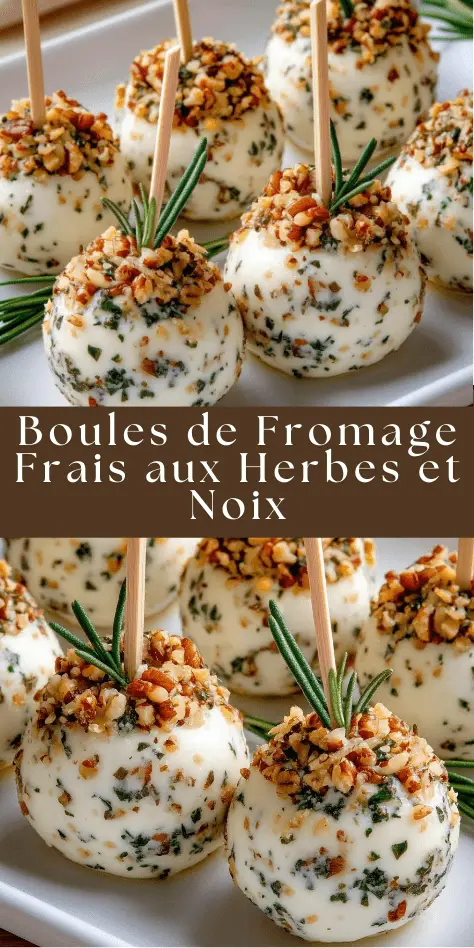 Boules de fromage frais roulées dans les noix concassées avec herbes fraîches et pics en bois.